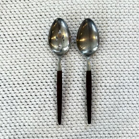 Ekco Eterna MCM Vintage Stainless Steel Wood Serving Spoons Slotted Replacement - Picture 1 of 7